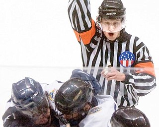 Break it up: An official yells to end play as a fight breaks out between between Youngstown Phantoms’ Scott Mayfield (2) and Indiana Ice’s Chris Martin (12) during the second period of a game between the two teams at the Covelli Centre on Thursday.
