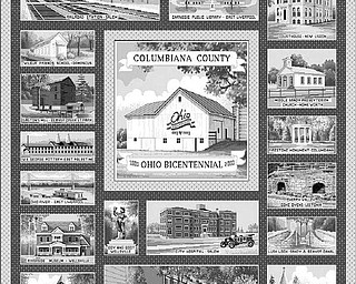 Special to The Vindicator
HISTORICAL treasure: Eighteen scenes from around the county are depicted in Columbiana County Bicentennial throws that are being sold by Salem Historical Society as colorful mementos of days of yore in the county. The throws are available for $55 each at 208 W. Broadway Ave. The society is also selling 2010 Salem community calendars, featuring the homes of early industrialists, and the recently released book, “Backyard History,” featuring area carriage houses. Until the end of the year the society will sell the 156-page book “The Salem Story Continues” for the reduced price of $20. The book chronicles the past 50 years of Salem’s history and lists Salem High School coaches and Salem officials who have served during the past 50 years.  For more information call (330) 337-8514.
