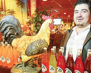 PROUD OWNER: Israel Zambrano stands near a rooster in his Boardman restaurant, Los Gallos. He named the restaurant after his nickname, which means rooster in English.