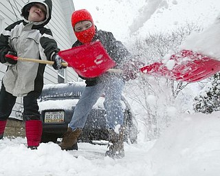 Brothers Declan, 7, left, and Isaiah Sekol shovel the driveway of their Struthers home on Maplewood Friday morning.