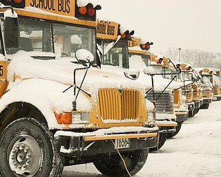 The Vindicator/Robert K. Yosay -----
Cold Start- Austintown busses covered in snow and ice sit idle at the garage on the school complex off of Raccoon Rd in Austintown - Schools were closed today providing another three day weekend.