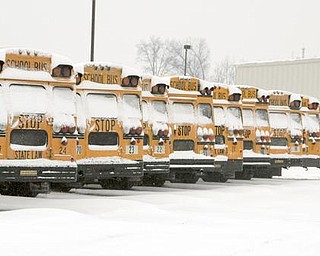 Austintown buses covered in snow and ice sit idle at the garage on the school complex off of Raccoon Road. Schools were closed today providing another three day weekend.