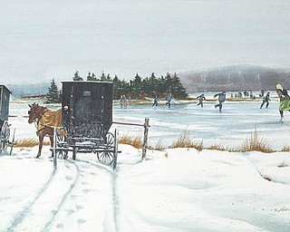 WINTRY LANDSCAPE: Florian K. Lawton's white-on-white technique is showcased in this piece, which features Amish families ice skating on a lake.