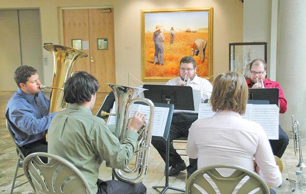 The College of Fine and Performing Arts - Dana Concert Series presents Music at Noon Concert Series kicked off at the Butler Institute of American Art as part of the Brown Bag Concert series , Every Wednesday at Noon at the Butler . Today was Chamber Music for Brass Quintets.-  starting closest to camera in the pink is  Deborah McDowell- Andrew Barnes- (green)- Eric Jernigan   Frederick Moose and David Gardner.