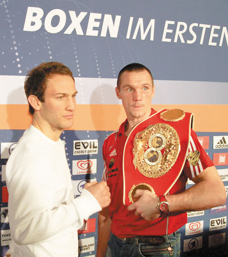 TITLE SHOT: Boxers Billy Lyell of Niles, left, and Sebastian Sylvester of Germany pose for the media during a press conference Thursday  in Germany, where Lyell (21-7 with 4 KOs) will get the chance that he has been waiting for on Saturday: A shot at Sylvester’s International Boxing Federation middleweight title. The bout will take place at the Jahnsportforum in Sylvester’s home town of Neubrandenburg. 
