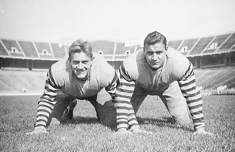 John "Ace" Congemi is on the right with Frank Terlecky in their defensive stance at Ohio State in 1938.