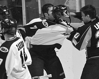 Phantoms Andrew Lamont (20) hits Sioux Falls Stampede Dan Furlong (7) in the face during the first period at Covelli Centre, Friday January 29, 2010. 