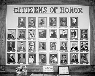 Special to The Vindicator
SALEM AWARD: Salem Historical Society is seeking nominations for its 2010 “Citizens of Honor” award. In 2006, the inaugural class of 24 people were chosen during the Salem Bicentennial, and six more were added over the past three years. The criteria are for Salem-connected citizens, from the present or past, who have distinguished themselves with service to their community, their career and/or to their country. The selection of two citizens will be announced during the Founders Day program in April. Nominators should describe any field of accomplishment and involvement in the community. Send nominations by Feb. 12. to Salem Historical Society, 208 S. Broadway Ave., Salem, OH 44460, attention “Citizens of Honor” committee. Above, the board displaying the Citizens of Honor is at the Salem Historical Society Museum.