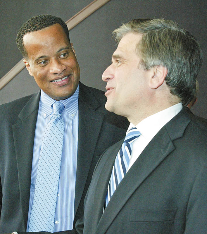 HAPPY MAYORS: While negotiations over V&M Star Steel’s $650 million expansion at times were tense, Youngstown Mayor Jay Williams, left, and Girard Mayor James Melfi were all smiles Monday when the company announced the project will be built here.