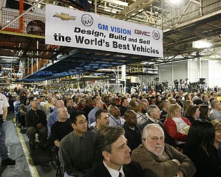   Robert K. Yosay /The Vindicator.Hundreds of workers listen as President North America Mark Reuss - tells of adding the third shift at Lordstown - 30-