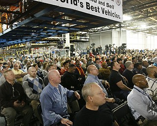   Robert K. Yosay /The Vindicator.Hundreds of workers listen as President North America Mark Reuss - tells of adding the third shift at Lordstown - 30-