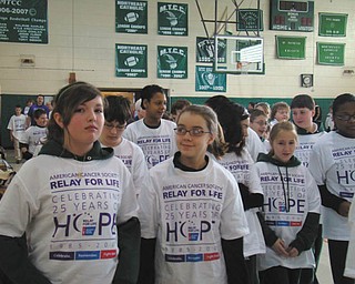 The students at St. Patrick School in Hubbard raised $1,874.15 for the American Cancer Society by participating in a mini relay that took place in January in conjunction with the celebration of Catholic Schools Week. The students collected donations from sponsors for each lap they walked during the day. The school has raised nearly $10,000 for the American Cancer Society since the fundraiser was initiated four years ago. Students who took part in the event are wearing their official Relay for Life T-shirts.