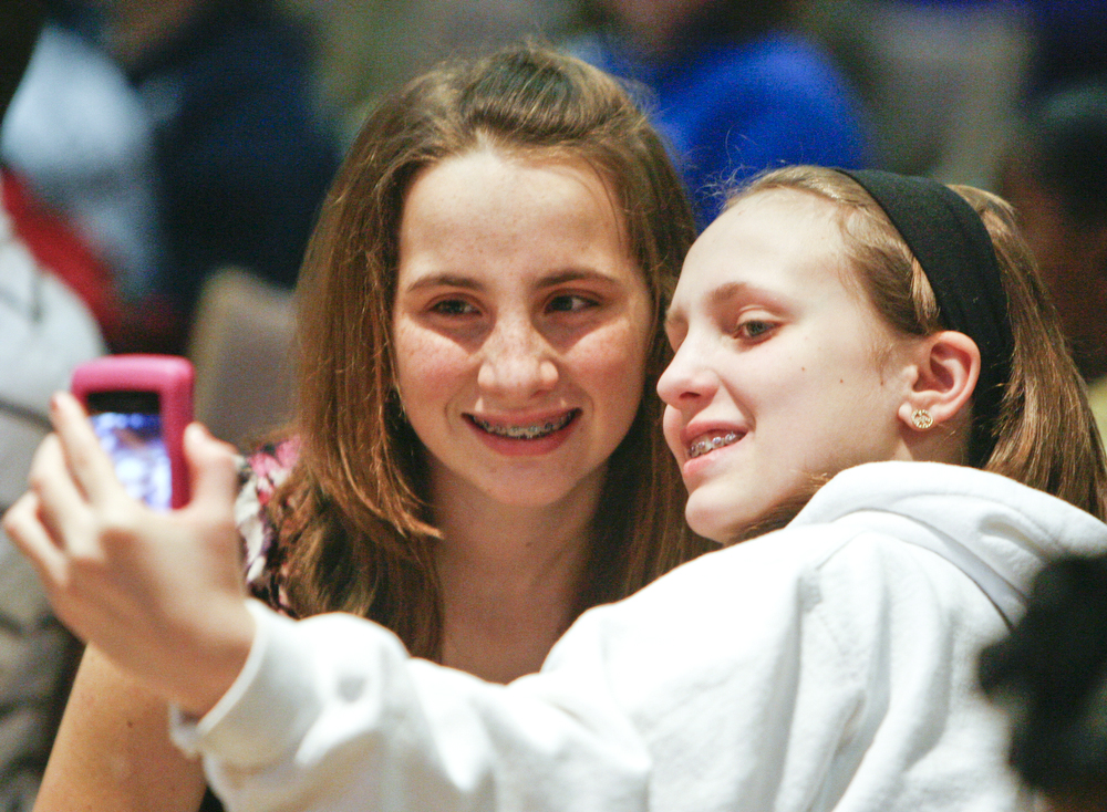 ROBERT K. YOSAY | THE VINDICATOR.. BEE FRIENDS -  Samantha Blasko from St Christine and her friend Carly Trefethern  take a quick photo before the start of the 2010 -77th Vindicator Spelling Bee was held  at the Chestnut Room at Kilcawley Center at YSU - 30-
