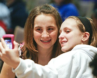 ROBERT K. YOSAY | THE VINDICATOR.. BEE FRIENDS - Samantha Blasko from St Christine and her friend Carly Trefethern take a quick photo before the start of the 2010 -77th Vindicator Spelling Bee was held at the Chestnut Room at Kilcawley Center at YSU - 30-