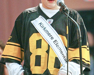 ROBERT K. YOSAY | THE VINDICATOR..Favourite shirt as David Chaney gets his turn at the microphone as he wore his lucky shirt.. in the 2010 -77th Vindicator Spelling Bee was held at the Chestnut Room at Kilcawley Center at YSU - 30-