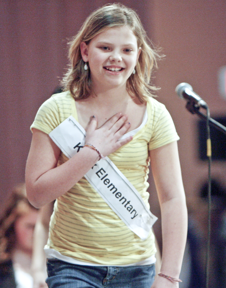 ROBERT K. YOSAY | THE VINDICATOR..can you spell RELIEF - as Kaley Anderson from Knox Elementary breaths a sigh of relief as she walks away  after spelling "sukiyaki" correctly  in the 2010 -77th Vindicator Spelling Bee was held  at the Chestnut Room at Kilcawley Center at YSU - 30-