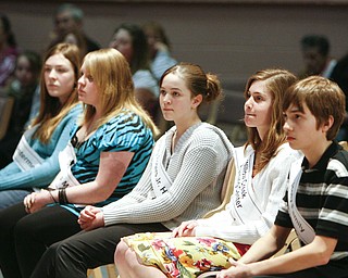 ROBERT K. YOSAY | THE VINDICATOR..The Top Five - Julia Miglets Springfield Rachel Mass Struthers Middle school Hannah Woodward Volney ROgers Junior High - Lauren Ann Ritz Willow Creek and Andrew Rossi from Holy Family in the 2010 -77th Vindicator Spelling Bee was held at the Chestnut Room at Kilcawley Center at YSU - 30-