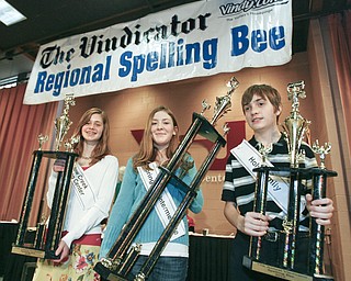 ROBERT K. YOSAY | THE VINDICATOR..And the winners are - Second Place - Willow Creek Learning Center - Lauren Ann Ritz - Champion - Springfield Elementary Julia Miglets - and Third Place- Holy Family Andrew Rossi - as the winners in the 2010 -77th Vindicator Spelling Bee was held at the Chestnut Room at Kilcawley Center at YSU - 30-