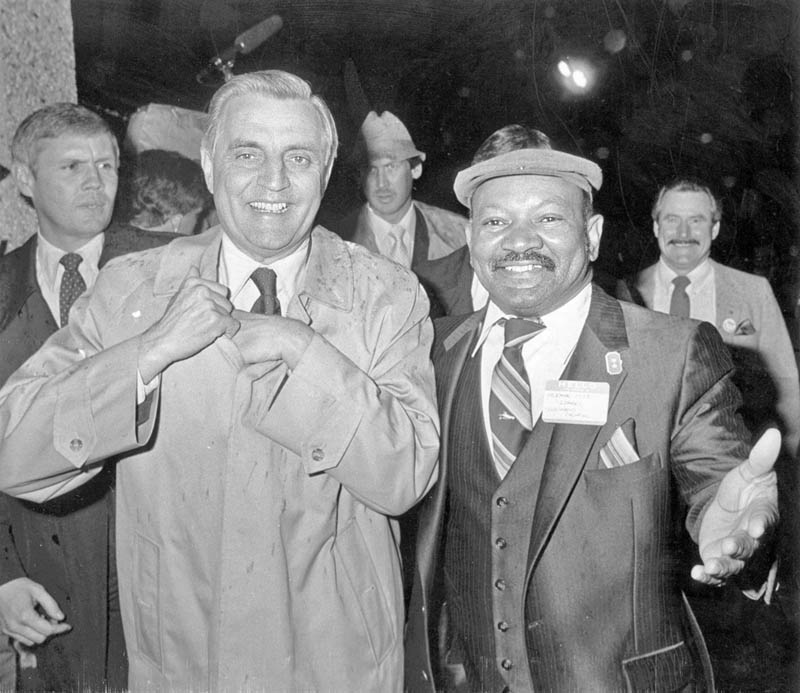 Then-Youngstown City Councilman Herman “Pete” Starks, right, stands with then-Democratic presidential candidate Walter Mondale at a campaign event in Youngstown. Starks, who served as a city councilman 22 years, died Sunday at 80.