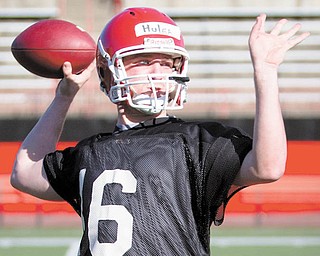Gannon Hulea (16) at YSU's spring football practice at Stambaugh Stadium on Wednesday afternoon.