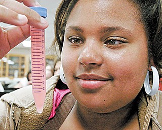William D. Lewis| The Vindicator  Kayla Crump, a 6 th grader from Canfield looks at a DNA sample during a lab demonstration during the 13th annual Women in Science & Engineering Career Workshop at YSU Saturday 3-20-10.