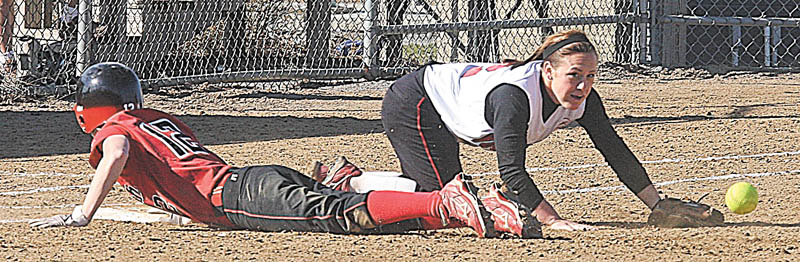 YSU SOFTBALL - (2) Kristina Rendle can't come up with the ball as (15) Heather Stiglich slides in safe Thursday afternoon in Canfield. - Special to The Vindicator/Nick Mays