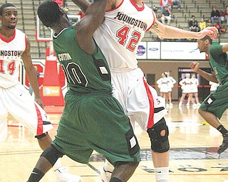 YSU - (42) Dallas Blocker plays tough defense on (10) Troy Cotton during their game Sunday afternoon. - Special to The Vindicator/Nick Mays