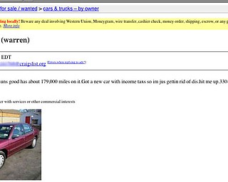 A screen shot taken on Craigslist on Wednesday, March 31, 2010. Some information has been blurred out. A man and his girlfriend went to see the car in this ad, but told police when they gave Antonio "Ace" Tucker the money, he started running. Police charged Tucker with theft and forgery after learning that the car belonged to Tucker’s girlfriend. Tucker pleaded innocent to the two felony charges Wednesday in Warren Municipal Court.