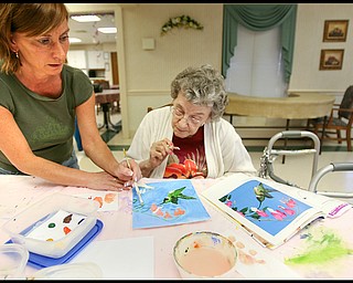 ROBERT K. YOSAY | THE VINDICATOR...Helping out is Trish Blackman as she helps Jean Boesch with a hummingbird - Residents of Ashley Circle at Briarfield in Austintown paint with instruction from Suzanne Gray. Now they have a little gallery, called PicassoÕs Corner, at the facility, to display their work.-30-.