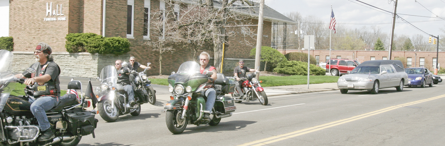 William D. Lewis | The Vindicator  Motocycles lead funeral procession for Joshua Sherbourne, one of 3 Marine recruits, killed in a traffic accident. Services were held at Carl W. Hall Funeral Home in Warren Monday.