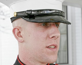 William D. Lewis | The Vindicator Marine Sgt Martin Harris from the Cleveland Marine recruiting office was among a group of Marines ttending funeral for Joshua Sherbourne, one of 3 Marine recruits, killed in a traffic accident. Services were held at Carl W. Hall Funeral Home in Warren Monday.