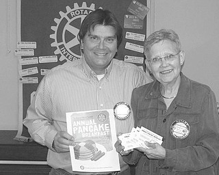 The Vindicator: Plain or blueberry pancakes will be available at the annual Rotary Club of Canfield breakfast from 9 a.m. to 2 p.m. Sunday at Canfield High School, 100 Cardinal Drive. Making sure everyone knows they are selling tickets for the breakfast are, from left, Jim Strock, chair of the event, and Sieglinde Warren, club president. Tickets are $6 per person; children under 2 eat free. Proceeds will finance Rotary’s community service projects.
