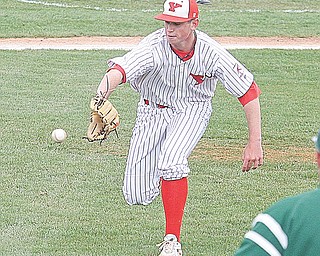 Youngstown State pitcher Blake Aquadro fi elds a bunt in Sunday’s game against the Le Moyne Dolphins at  Eastwood Field. Aquadro, a freshman, held the Dolphins to an unearned run on three hits as the Penguins went on to win 4-1.