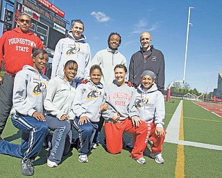 The Youngstown State University track team includes (standing, from left) Tarelle Irwin, Michael Davis, Clarence Howell and Adam Kagarise. Kneeling are Kenya Garner, Ta’Nesha Anderson, Symona Gregory, Nichole Pachol and Alexis Washington.