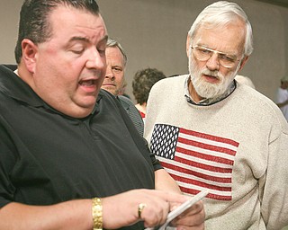 ROBERT K. YOSAY | THE VINDICATOR.Bill Lyden of Youngstown goes over the results of the sales tax with Anthony Trafacanti at Ludt's re election headquarters - 30-
