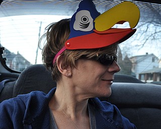 Karen Fox of Youngstown is sporting a hat she found in her daughter's car.