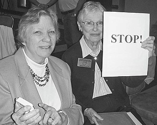 The League of Women Voters of Greater Youngstown and the Chamber of Commerce recently sponsored a Mahoning County commissioner debate. Serving as timers were, from left, Deb Mathews and Marion Gillette. The league will meet May 17 at the Gathering Room at Park Vista South, 1216 Fifth Ave., for a trash-and-treasure sale and a program-planning session. For more information visit www.lwvgy.org, call (888) 781-1176 or e-mail info@lwvgy.org.