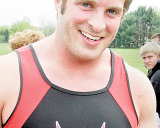 Canfi eld’s Dustin Brode broke the district and stadium records in shot at the Division I district championship meet in Austintown recently. He also won in discus.