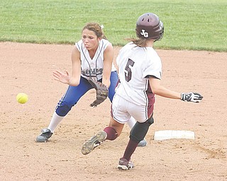 Poland's (21) Kalie Benson waits on the ball as (5) Lindsey Buchanan tries to beat the throw Thursday afternoon in Akron.