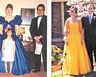 Left, young Andrea Ball is pictured with Lisa (Yeager) Lodwick and Rob Lodwick, who were going to the Hubbard High School prom in 1990. Right, Andrea Ball is shown with her escort for her own prom at Hubbard High in 2001.