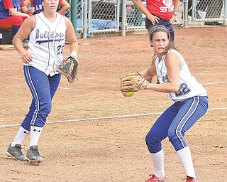 Poland's Erin Gabriel makes a play on the ball as (23) Jenna Modic keeps her eye on the play.