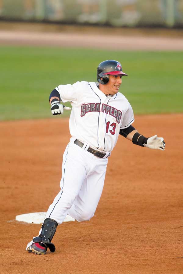 Mahoning Valley Scrapper, Asdrubal Cabrera, a player with the Cleveland Indians recovering from an injury, reaches second base after hitting a double during the fifth inning of a game at Eastwood Field in Niles on Monday evening.