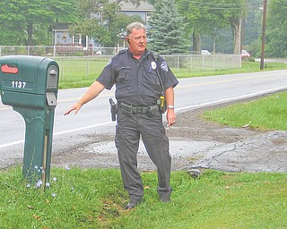 Niles Patrolman Rick Wilson stands next to a mailbox that was broken in half sometime early Saturday by motorcyclist William J. Jury Jr., 36, of Mineral Ridge. Jury lost control of his motorcycle on a curve and traveled about 150 feet along the side of Salt Springs Road in Niles before landing in a wooded area. He was found dead about 10 o’clock that morning by neighbors after they noticed the damage.