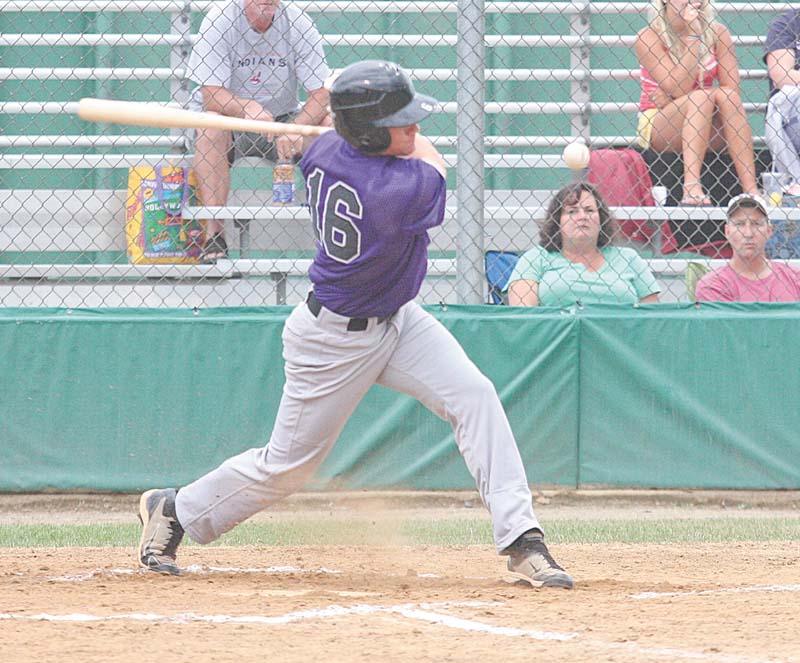 Dave Sugar Excavating centerfi elder Alex Miklos keeps his eye on the ball during his at-bat in Tuesday’s game.