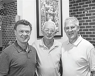 Birthday buddies: Celebrating with Bill Myers of Canfield, center, at his 80th birthday party, which took place July 11 at Inner Circle Pizza in Canfield, were Thom Russo of Canfield, left, and John Burgan of Boardman. All three men share the same birthday: July 12. Myers celebrated with 95 friends and family members, who gathered in Canfield for an afternoon of food, family, friendship and fun. He is known to young and old alike as Canfield’s “Lollipop Man,” because he always has lollipops in his pocket, and he shares.  