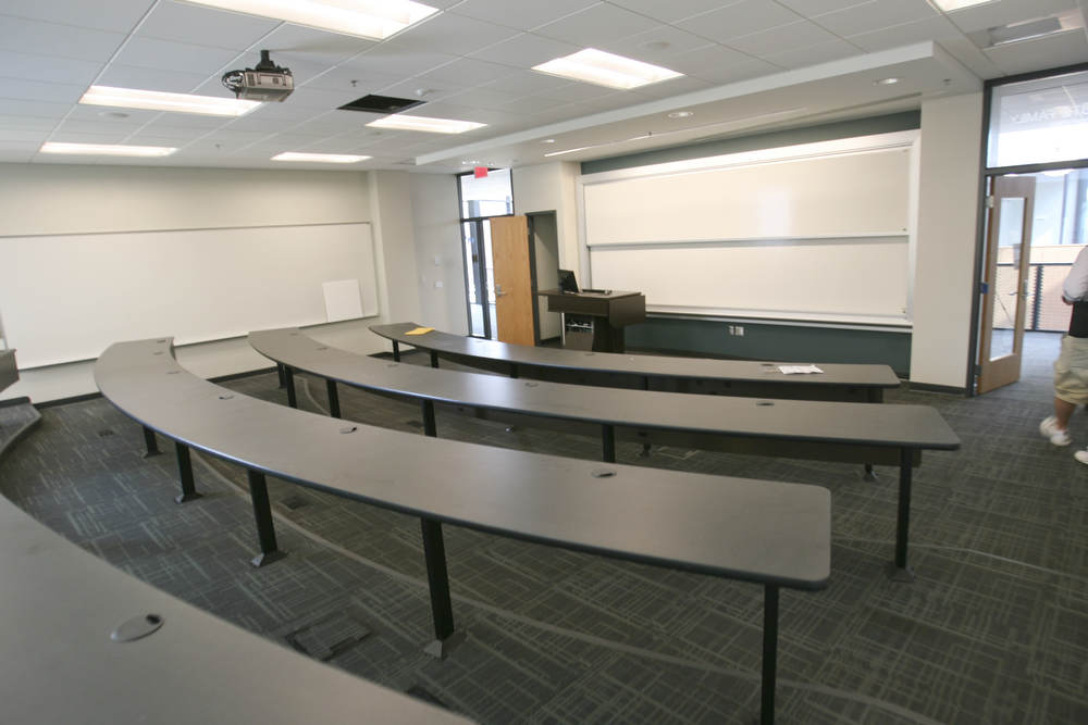 ROBERT K. YOSAY | THE VINDICATOR..One of several 75 student rooms with complete audio visual screens etc...The new Williamson College of Business Administration will provide a professional business education environment, a resource for the regional business community and a link between YSU and the cityÕs downtown.. ....-30-