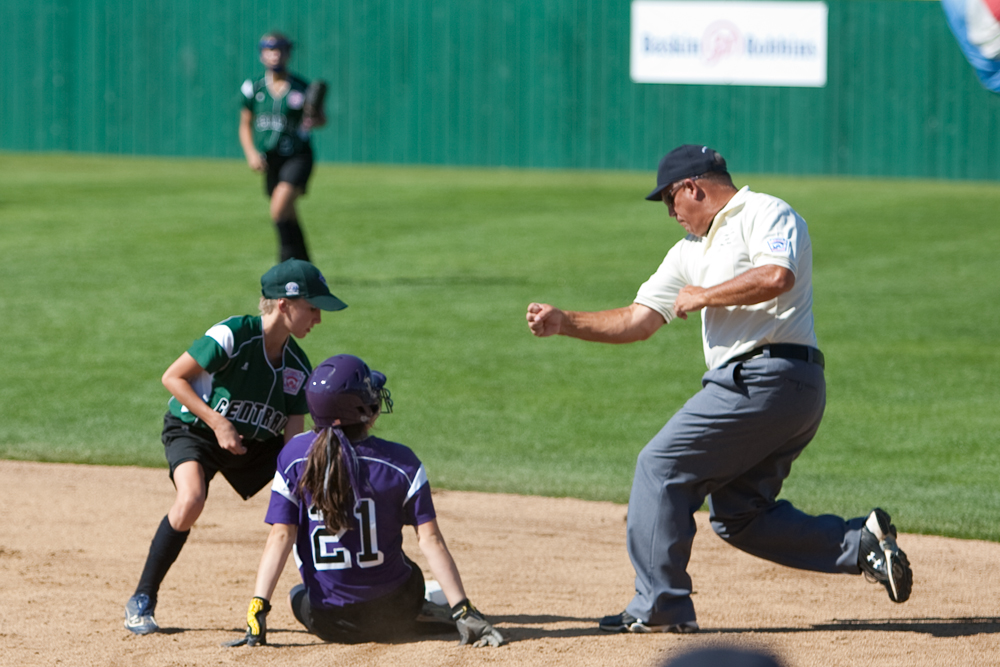 Kat Wilson hustles to get the runner out at 2nd during the 2010 World Series of Little League Softball in Portland, Ore., August 15th, 2010. This game the team from Poland, Ohio face the team from Burbank Calif., Central was defeated by West, 0-1.