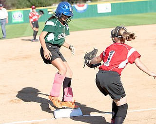 Special to the Vindicator: Chris Ryan
Dani Rutana hustles safely back to the bag during the 2010 World Series of Little League Softball in Portland, Ore., August 16th, 2010. The team from Poland, Ohio beat the team from Canada, 7-1, and will advance to Semi-Final play.