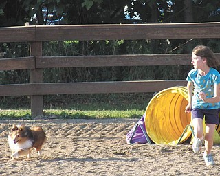 Alison Witzeman of Poland runs with her dog Daisy in the agility competition at the fair.