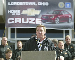 ROBERT K. YOSAY | THE VINDICATOR..GM President North America talks abut the New Cruze.GM Lordstown Kicked Off the Chevy Cruze today at the Lordstown Plant with the President of GM - Tim Ryan - The Boardman Band and a slew of elected officials -..-30-..